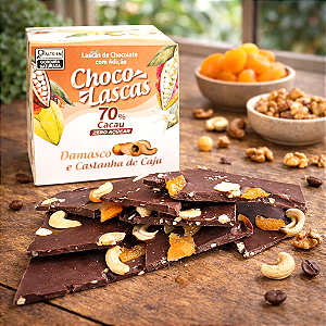 Lascas de Chocolate 70% Cacau ZERO AÇÚCAR, com adição de Damasco e Castanha de Caju - 100g