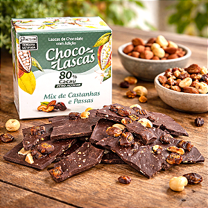 Lascas de Chocolate 80% Cacau ZERO AÇÚCAR, com Mix de Castanhas e Passas - 100g