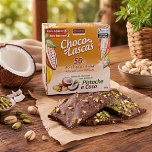 Lascas de Chocolate ao Leite de Aveia 50% Cacau, Zero Açúcar, adoçado com Tâmaras, com adição de Coco e Pistache - 100g