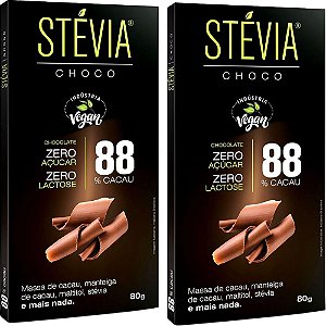 Kit 2 Chocolate Stévia Choco 88% Cacau Tudo Zero Leite 80g