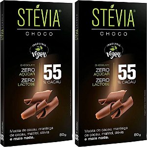 VAL: 18/05/2024 Kit 2 Chocolate Stévia Choco 55% Cacau Tudo Zero Leite 80g