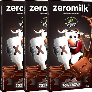 Kit 3 Chocolate ZeroMilk 70% Cacau Tudo Zero Leite 80g