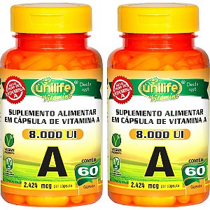 Kit 2 Vitamina A 8000 UI Retinol Unilife 60 cápsulas Vegano