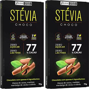 Kit 2 Chocolate Stévia Choco 77% Cacau Adoçado com Stévia Tudo Zero Leite 70g