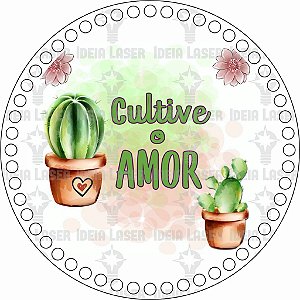 Base MDF Fio de Malha Crochê Redonda Estampada Cultive o Amor