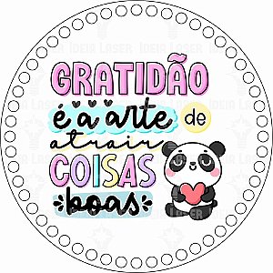 Base MDF Fio de Malha Crochê Redonda Estampada Gratidão é a Arte de Atrair Coisas Boas