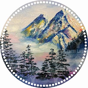 Base MDF Fio de Malha Crochê Redonda Estampada Pintura Montanhas