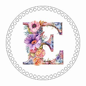 Base MDF Fio de Malha Crochê Estampada Alfabeto Floral - Letra E
