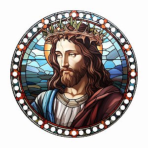 Base MDF Fio de Malha Crochê Vitral Jesus Cristo com Coroa de Espinhos
