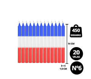Pacote Vela Palito Vermelha, Branca e Azul c/20