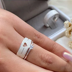 COMBO | Par de Alianças Diamantadas coração Prata 950 e Solitário Prata 950