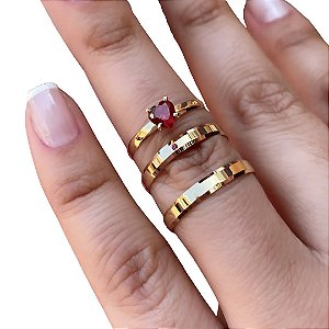 Trio Alianças Chanfradas Lovers + Anel Solitário Ouro 18k 8,5 gramas 4mm