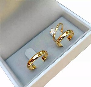 Par de Alianças Ouro 18k 4mm 6g + anel Solitário