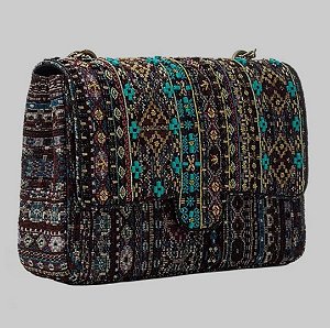 Bolsa Grande em Tapeçaria Mood Étnico e Bordado Turquesa