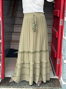 Saia Longa Casual de Algodão Verde Militar