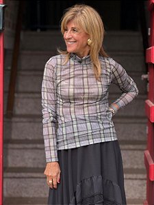 Blusa em Tule Xadrez com Gola Média Dupla - Manga Longa (Tamanho Único)