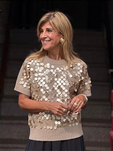 Blusa Quente em Lã Cashmere com Paetês - Manga Curta (Tamanho M)