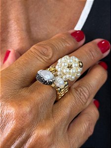 Anel Ajustável Gold Berry com Mix de Pérolas e Cristais