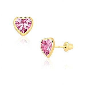 Brinco Coração Ouro 18K Zirconia Rosa BR007 6mm