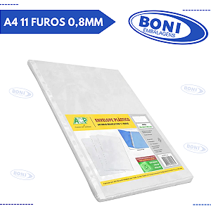 ENVELOPE PLÁSTICO A4 11 FUROS 0,8MM C/100 ACP