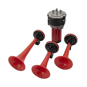 Buzina Automotiva Eletropneumática Com 3 Cornetas Vermelhas