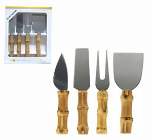 CONJUNTO INOX  P/QUEIJO E FRIOS 2 FACAS + ESPATULA E GARFO CB. PLASTICO BAMBU