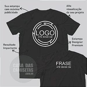 Camiseta Basica Preta Com Sua Logo Personalizada Até 30X40cm e Frase Nas Costas