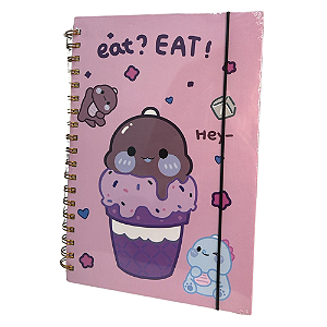 Caderno Espiral com elástico Eat / Study Happy - 58 páginas pautadas - Papelaria Fofa