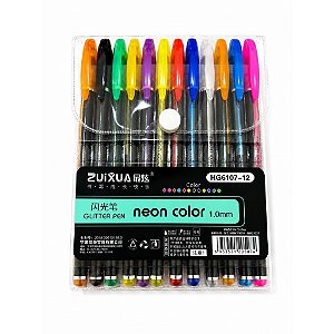 Kit 12 Canetas Gel 1.00 mm Tinta Glitter Neon