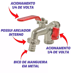 TORNEIRA ESFERA - METAL - TANQUE / MAQUINA ( 2 SAÍDAS )