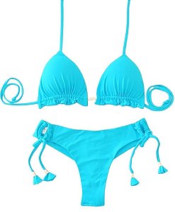 Biquini Cortininha Com Calcinha Fio Duplo, Azul Piscina