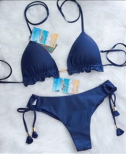 Biquini Cortininha Com Calcinha Fio Duplo, Azul Marinho