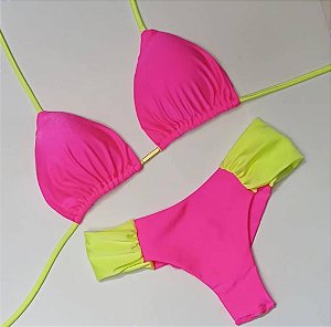 Biquini Cortininha Com Calcinha Fio Duplo Borboleta, Rosa c/ Amarelo