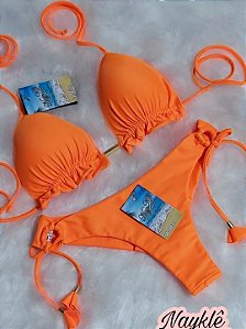 Biquini Cortininha Com Calcinha Fio Duplo Laranja Neon