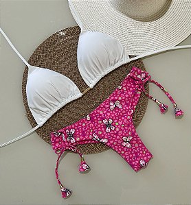 Biquini Cortininha Com Calcinha Fio Duplo, Estampada Pink com borboletas