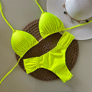Biquini Cortininha Com Calcinha Fio Duplo Borboleta, Amarelo Neon