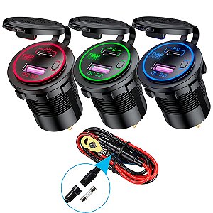 Tomada USB Carregador Turbo Veicular Duplo Saída PD e QC 3.0 2 Saídas 12V e 24V Para Caminhão, Carro, Moto, Ônibus