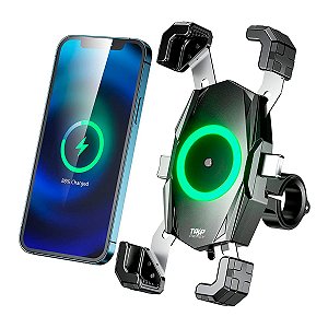 Suporte Moto Celular Carregador Turbo Indução e USB C Rápido Sistema Carregamento Simultâneo Travamento Celular Semi-Automático Com 4 Pontos Fixação