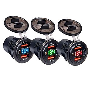 Tomada Veicular USB Turbo Com Voltímetro QC 3.0 Dupla Carregador Substitui Acendedor Cigarro Carro, Caminhão, Ônibus 12v 24v Com Botão Liga/Desliga