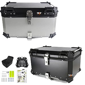 Baú Traseiro Para Moto Alumínio 65 Litros Suporte Universal Impermeável Reforçado Seguro Bagageiro Universal Top Case Grande Comporta 2 Capacetes Grande Capacidade