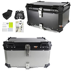 Baú Traseiro Moto Alumínio 55L com Suporte Universal Impermeável Reforçado Top Case Touring Grande Capacidade com Trava de Segurança e Chave Dupla Preto ou Prata