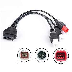 Cabo OBD2 Triplo para Motos Honda e Yamaha Adaptador Diagnóstico Eletrônico 3, 4 e 6 Pinos com Saída OBD2 16 Pinos Compatível com Scanners Automotivos