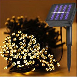 Luz de Natal Cordão 100 Lâmpadas Morno Led Fio Verde 8f 10 Mts Solar
