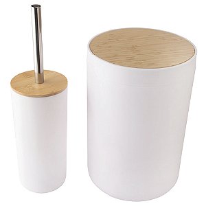 Kit Banheiro Escova Sanitária + Lixeira Branco Bambu