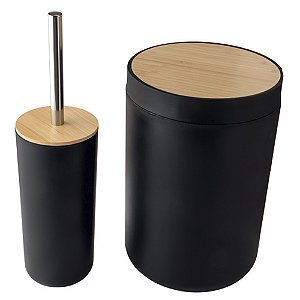 Kit Banheiro Escova Sanitária + Lixeira Preto Bambu