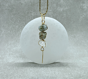 Pingente Pena Água Marinha, Amazonita e Cristal - Dourado.