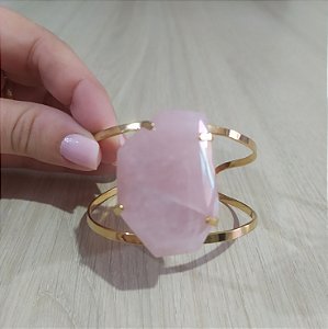 Bracelete Quartzo Rosa Lapidado Regulável - Dourado