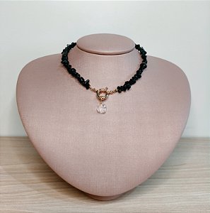 Choker Obsidiana Negra com Fecho Bóia e Pingente de Cristal