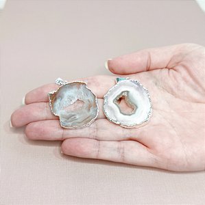 Pingente Geodo de Ágata M - Prateado - "Boa Sorte"