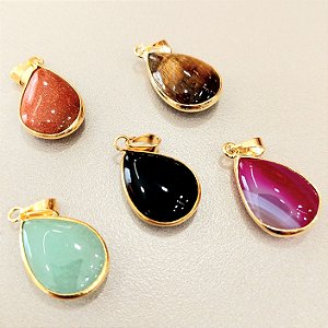 Pingente Gota 13x18mm Pedras Naturais Banhado a Ouro Abaulado Canovão